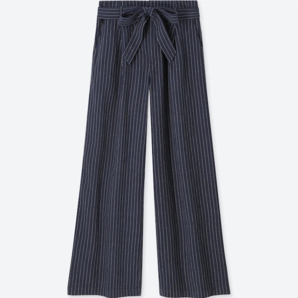 Wide-Leg Pinstripe Tie-Waist Pants - Navy